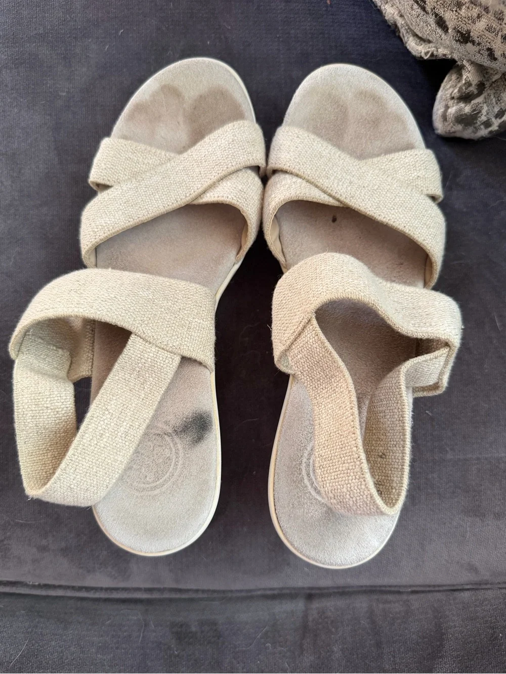 CHARLESTON SHOE CO. Neutral Tan Elastic Cross-Strap Wedge Sandals